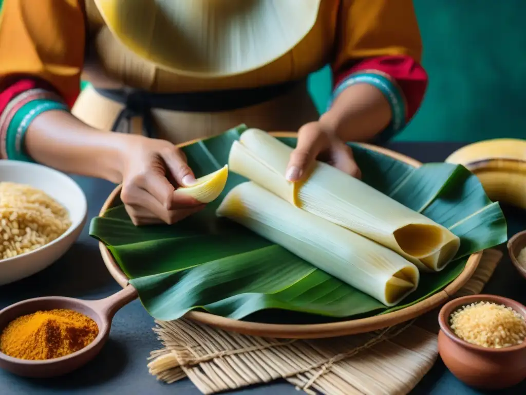 Una mujer maya preparando variedades de tamales mayas en una cocina rustica