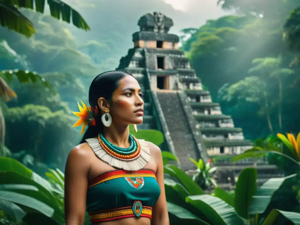 Una mujer maya, vestida con textiles vibrantes y joyas, en la selva con ruinas de un templo a Ixchel