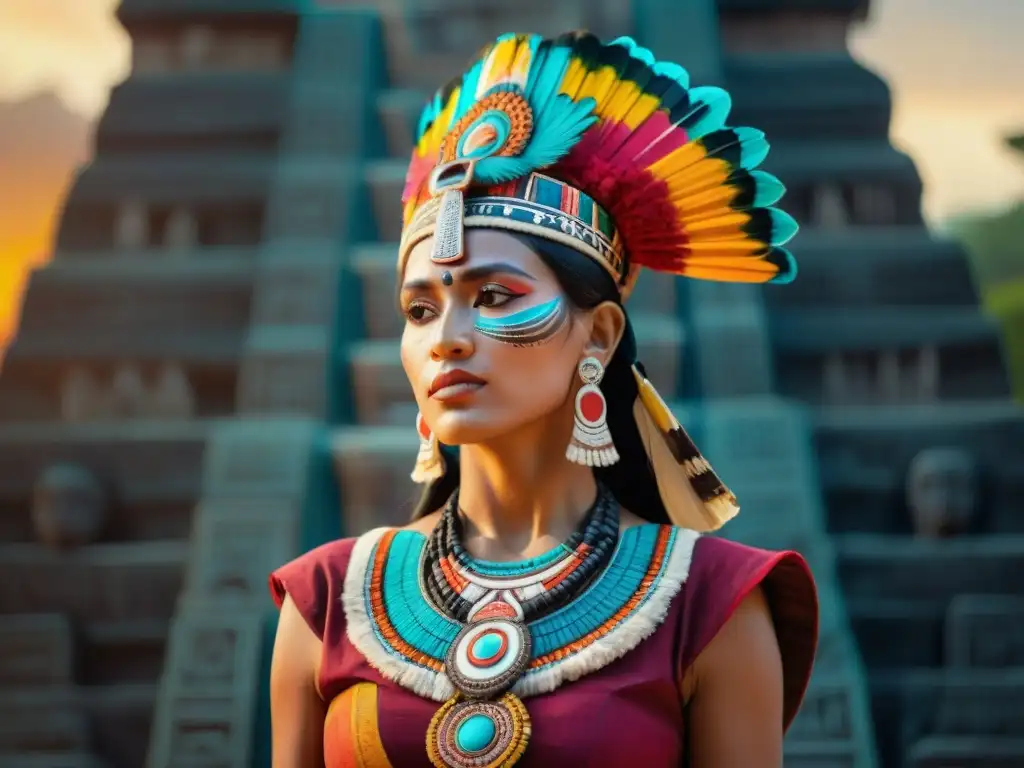 Una mujer maya viste una vestimenta ceremonial tradicional frente a un templo antiguo, resaltando la educación turística