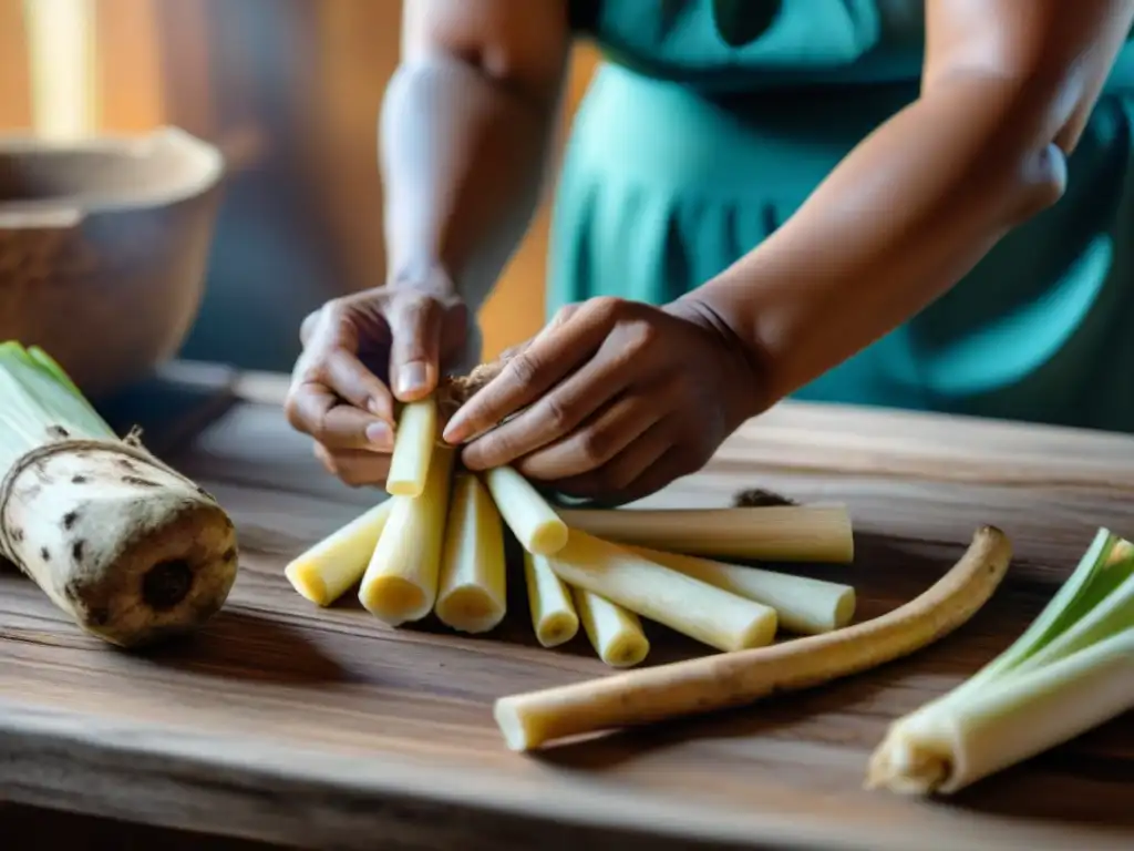 Una mujer maya pela hábilmente una yuca fresca, mostrando la preparación tradicional