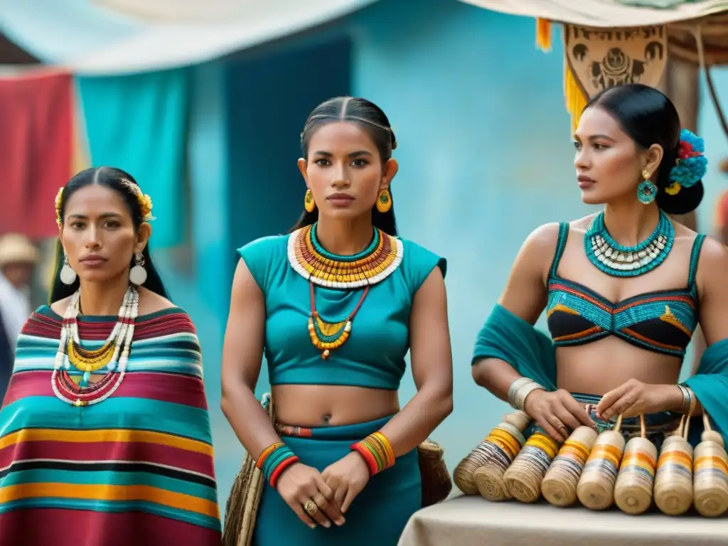 Mujeres emprendedoras en el comercio maya, mostrando su empoderamiento y riqueza cultural en un bullicioso mercado de textiles y bienes tradicionales