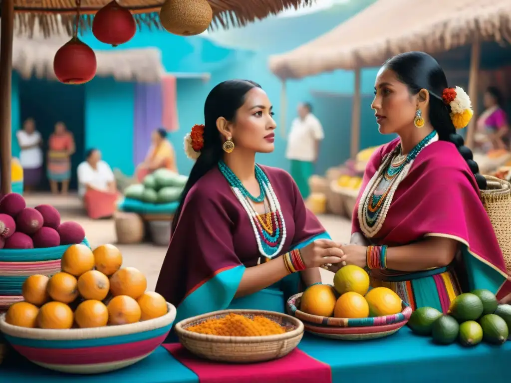 Mujeres emprendedoras en el comercio maya: Grupo de mujeres mayas en un mercado bullicioso, mostrando su expertise en comercio