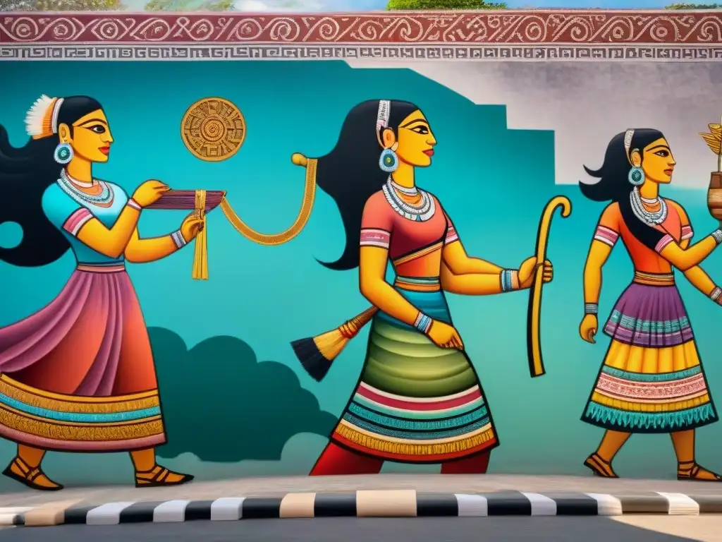 Mujeres en la Cosmovisión Maya: Detallado mural maya con actividades tradicionales y símbolos culturales vibrantes