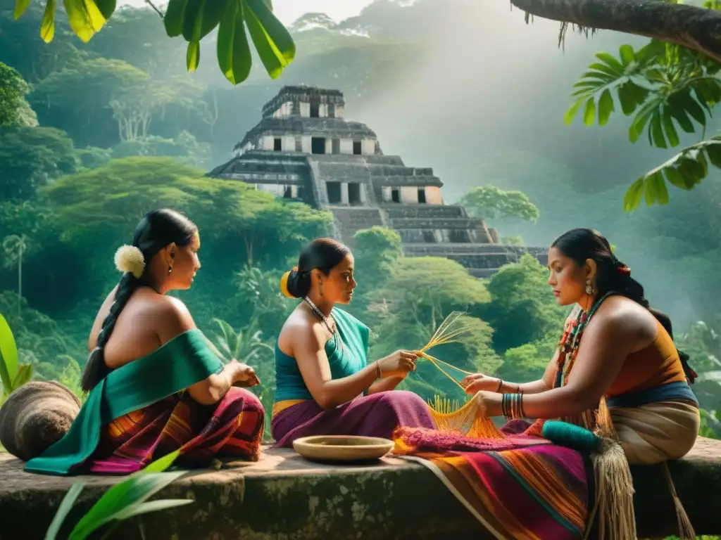 Mujeres en la civilización maya tejiendo bajo ceiba en la jungla, rodeadas de colores vibrantes y ruinas antiguas