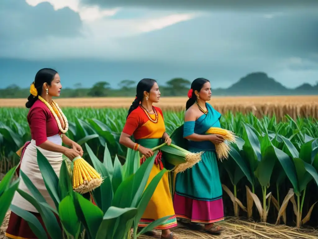 Mujeres Maya cultivando maíz: tradición y dedicación bajo el sol de Yucatán Mujeres mayas en la agricultura: cuidando maíz bajo el sol yucateco, mostrando su destreza y tradición