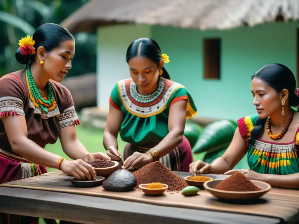 Mujeres mayas moliendo cacao en vestimenta tradicional, conectadas con el 'Origen del chocolate en maya'