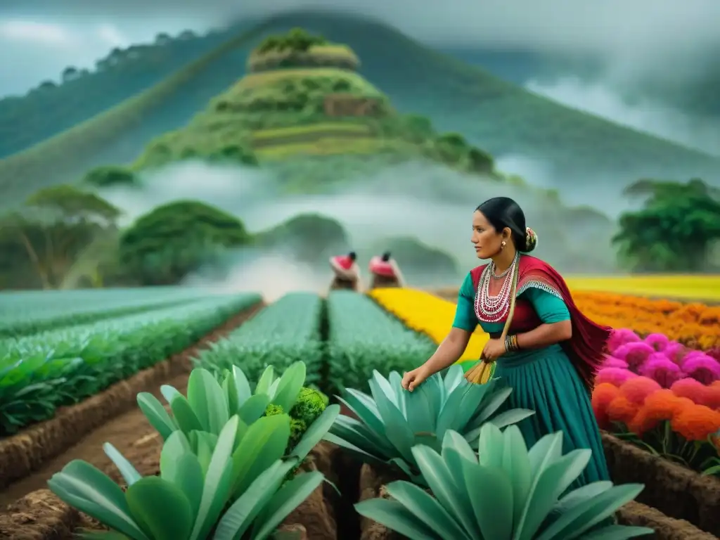 Mayas cultivando la tierra: tradición y biodiversidad Mujeres mayas en campo, cultivando juntas con técnicas ancestrales, en un entorno vibrante y biodiverso