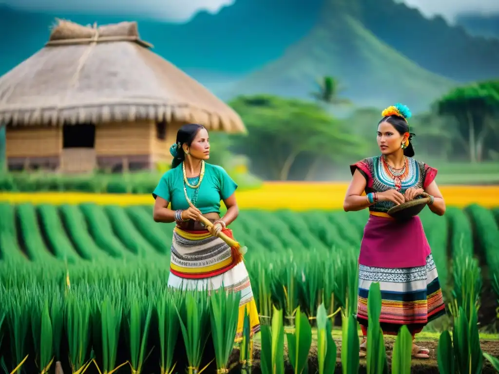 Trabajo agrícola maya: mujeres en campos vibrantes Mujeres mayas trabajando en campos verdes, cultivando con herramientas tradicionales