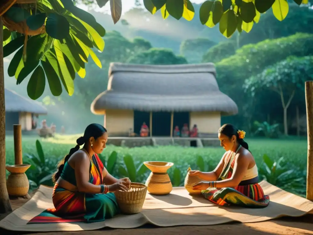 Mujeres mayas tejiendo bajo un ceiba, mostrando patrones coloridos y herramientas tradicionales en la jungla