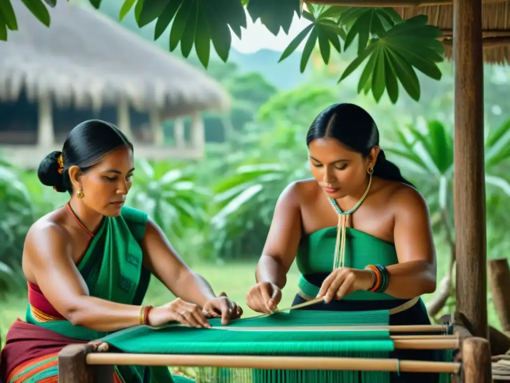 Mujeres mayas tejiendo bajo un ceiba, reflejando los roles de las mujeres mayas en su arte textil tradicional