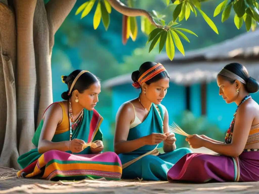 Mujeres mayas tejiendo bajo un ceiba, preservando tradiciones