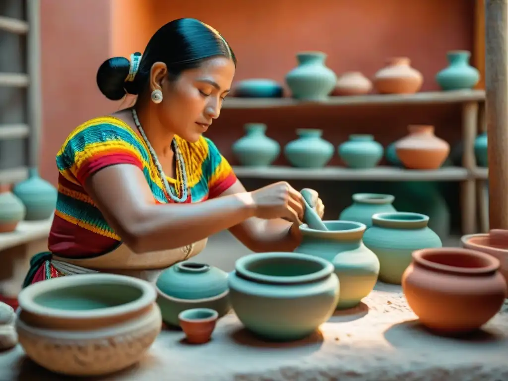 Mujeres mayas creando cerámica con destreza en un taller vibrante, resaltando la Importancia papel mujer cerámica maya