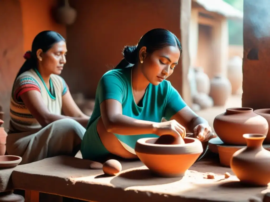 Mujeres mayas creando cerámica con destreza en taller tradicional