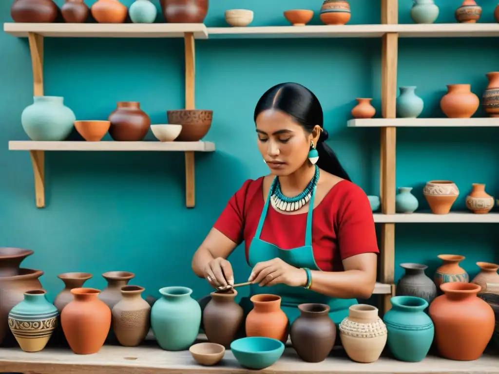 Mujeres mayas creando cerámica tradicional con orgullo y destreza, rodeadas de coloridas piezas acabadas