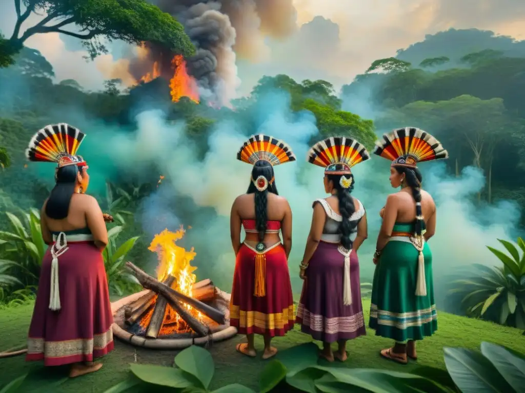 Mujeres mayas en ceremonia a la Diosa Maya Ixchel, envueltas en colores y símbolos sagrados en la selva