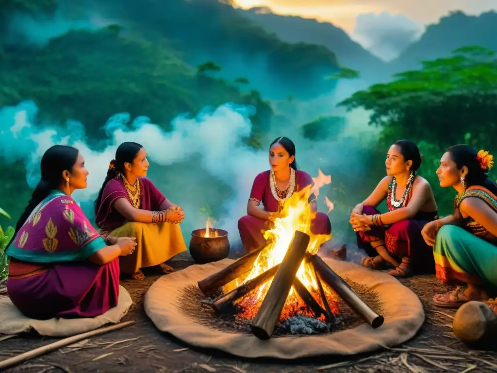 Mujeres mayas escuchan a un chamán contar la historia de Xtabay alrededor de una fogata en la selva