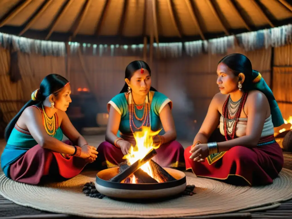 Mujeres mayas en una choza, tejiendo y conversando junto al fuego