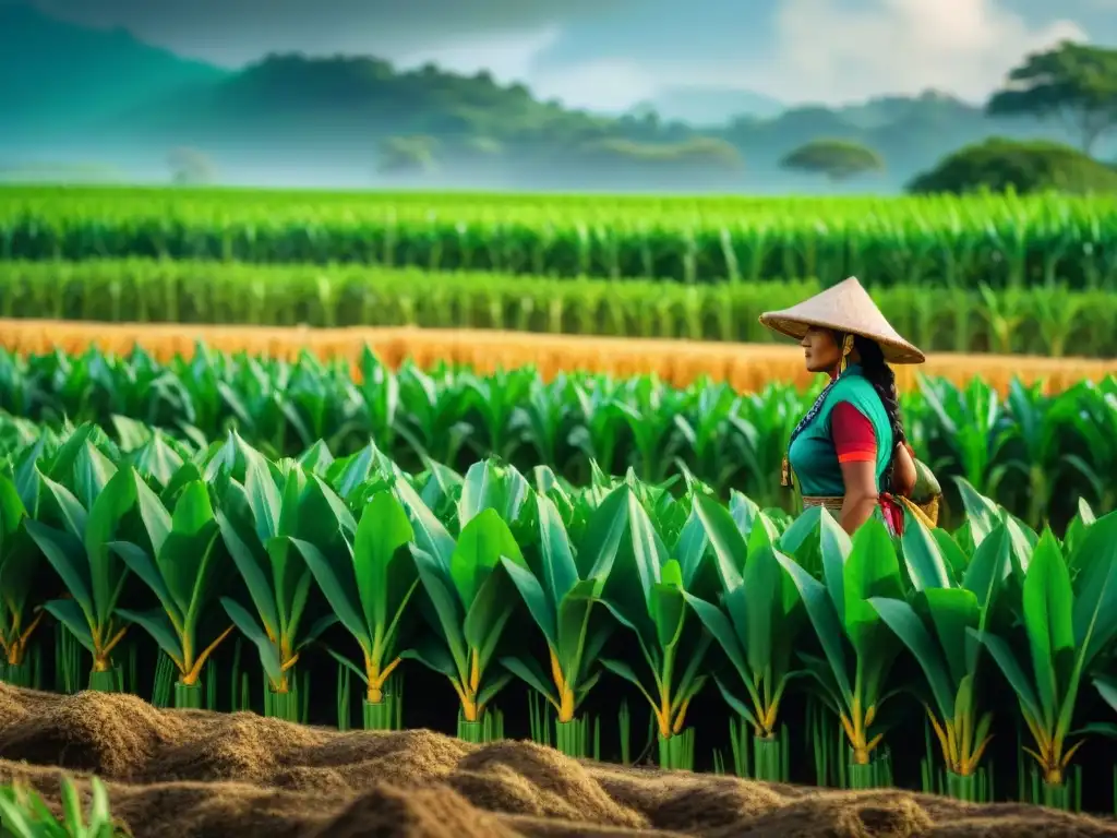 Mujeres mayas expertas en agricultura, cuidando maíz bajo el sol, conectadas con la tierra y su cultura