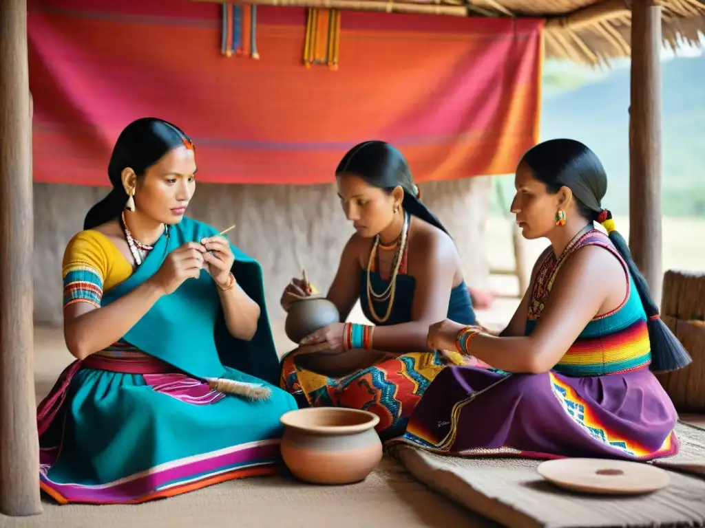 Mujeres mayas tejiendo en hogar tradicional, rodeadas de textiles vibrantes y patrones, manteniendo viva la cosmovisión maya