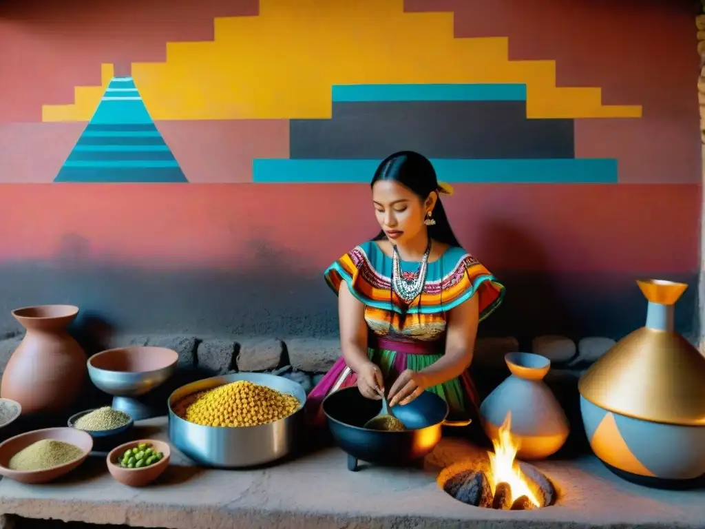 Mujeres mayas cocinan con ingredientes tradicionales frente a un mural de Teotihuacán