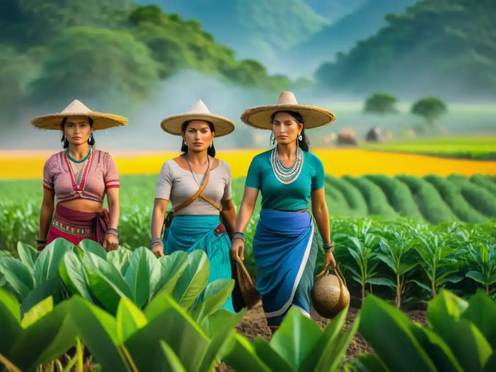 Mujeres mayas trabajando juntas en un campo agrícola, reflejando sus roles en la agricultura con determinación y coloridas vestimentas tradicionales