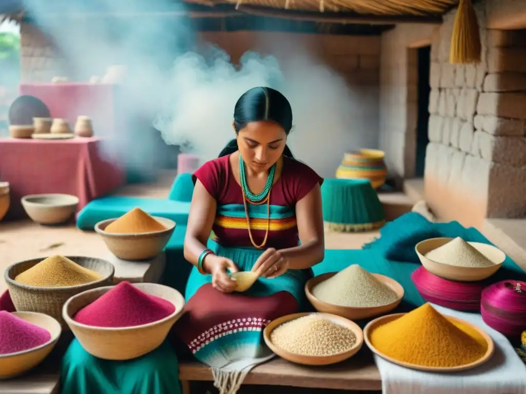 Mujeres mayas tejiendo en mercado con quinoa y amaranto