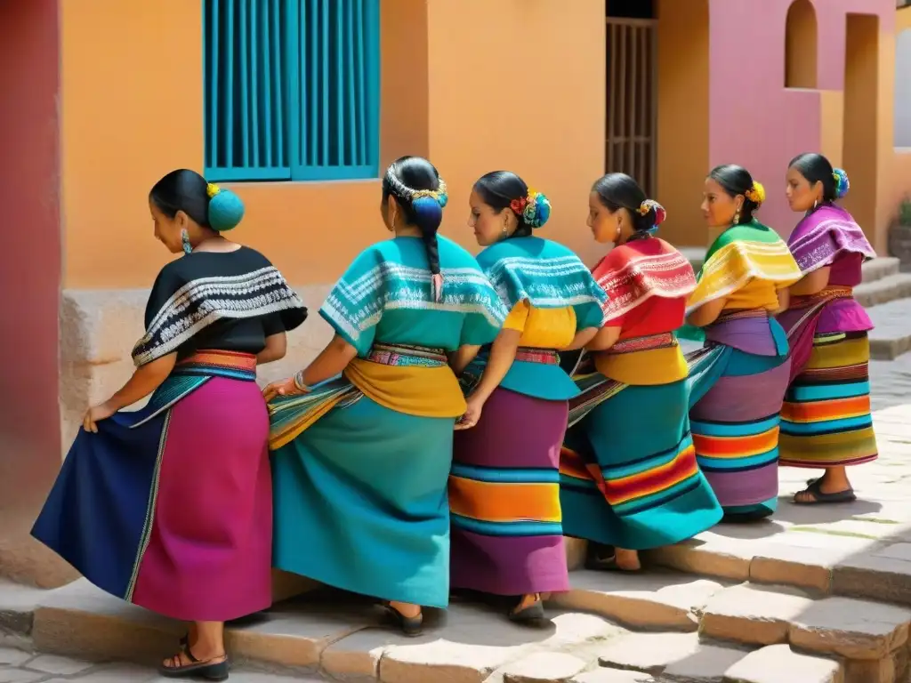 Mujeres mayas tejiendo en un patio soleado, mostrando patrones tradicionales