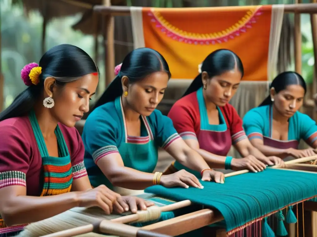 Mujeres mayas tejiendo patrones complejos con henequén en telares de madera tradicionales