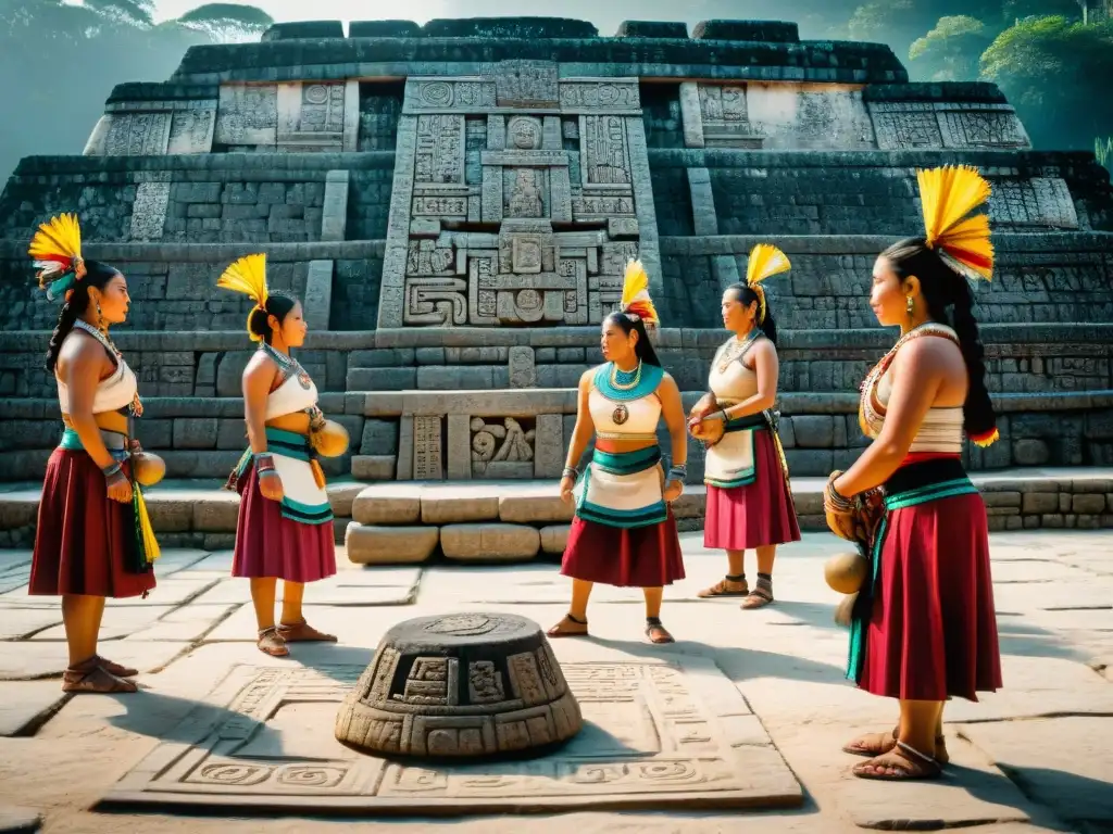 Mujeres mayas juegan poktapok en la antigua cancha de piedra, destacando su papel femenino en deportes mayas