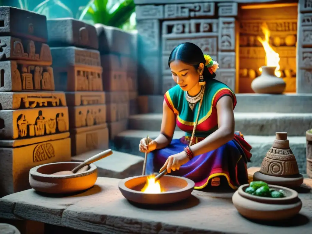 Mujeres mayas preparan recetas ancestrales en cocina tradicional rodeadas de naturaleza exuberante y hieroglifos