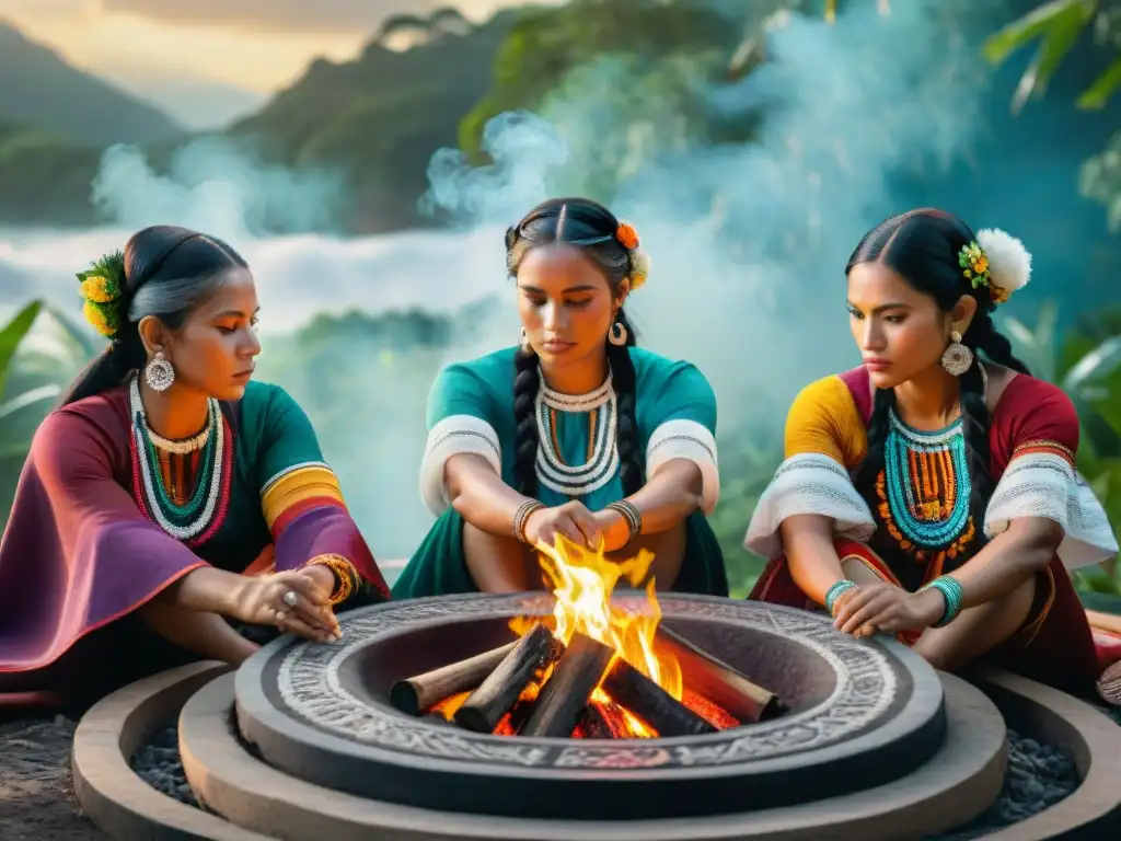 Mujeres mayas en ritual alrededor del fuego en la selva tropical