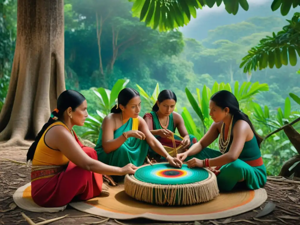 Mujeres mayas tejiendo bajo ceiba, resaltando roles de la mujer maya en artesanía y tradición