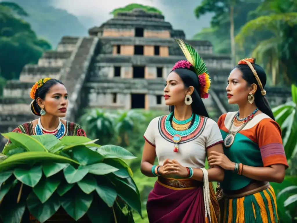 Mujeres mayas conversando en la selva junto a ruinas ancestrales, en un escenario de empoderamiento y legado histórico