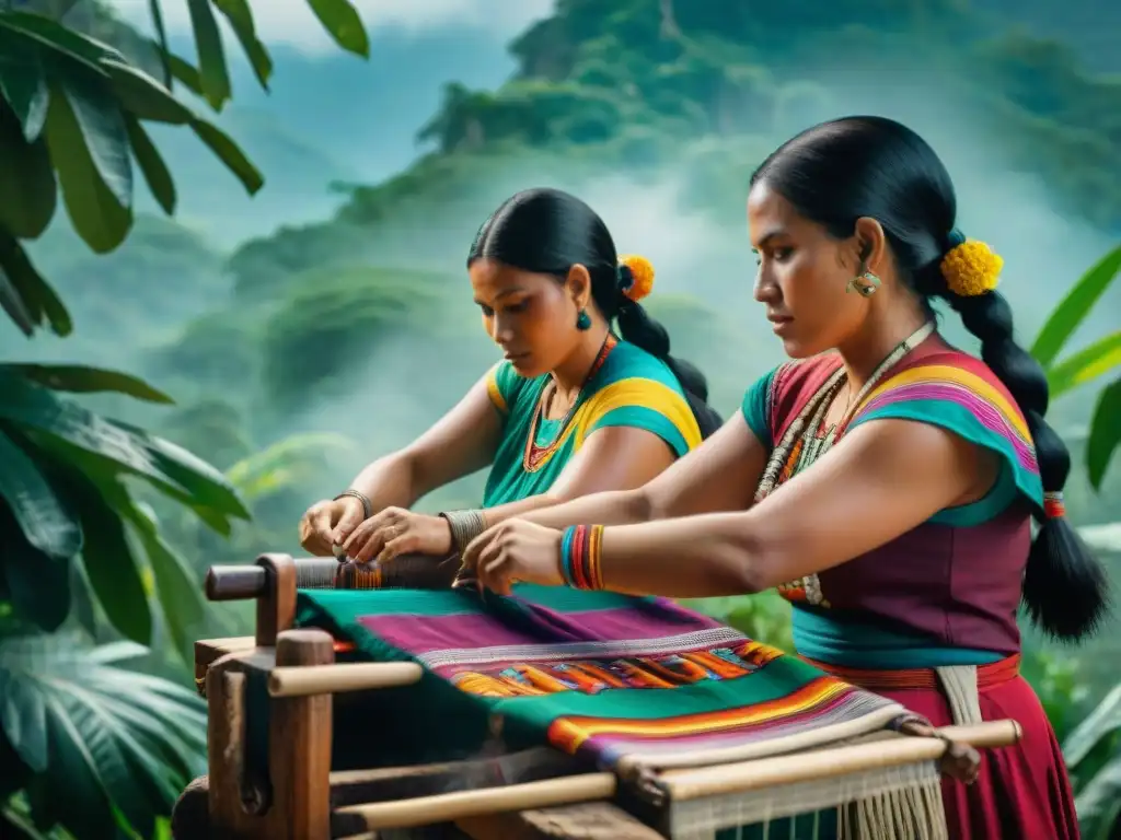 Mujeres mayas tejiendo en la selva, resistencia cultural ante impacto del conflicto armado maya