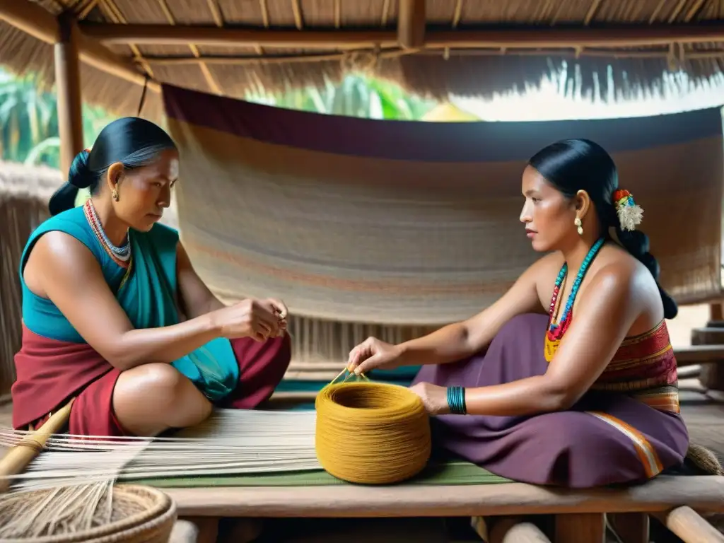 Mujeres mayas tejiendo con telares bajo techo de paja, en escena llena de color y tradición ancestral