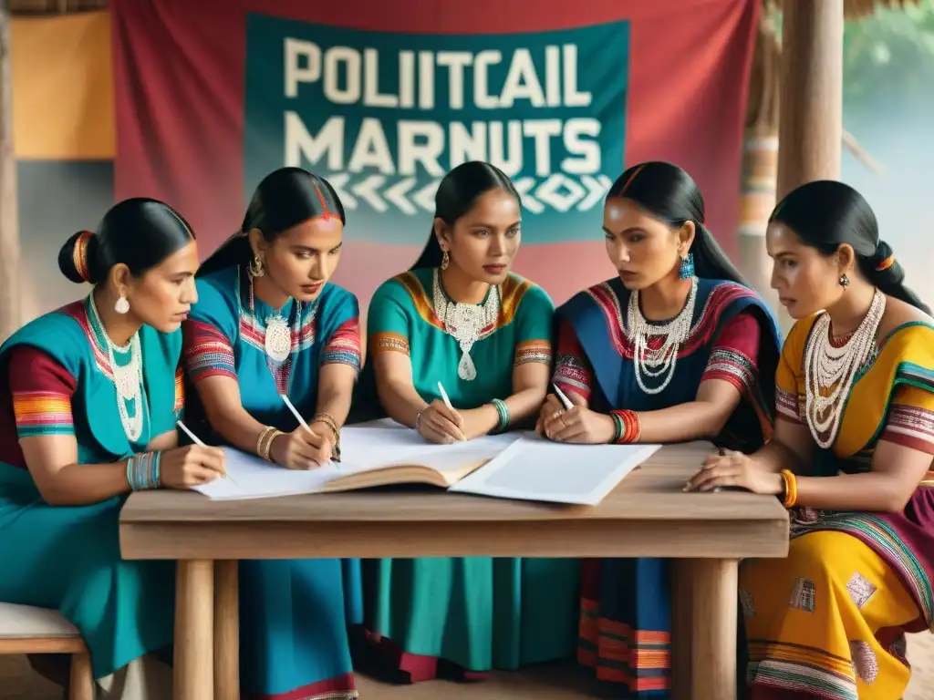 Mujeres mayas debatiendo en huipiles coloridos Mujeres mayas discuten temas comunitarios, mostrando su rol activo en decisiones locales
