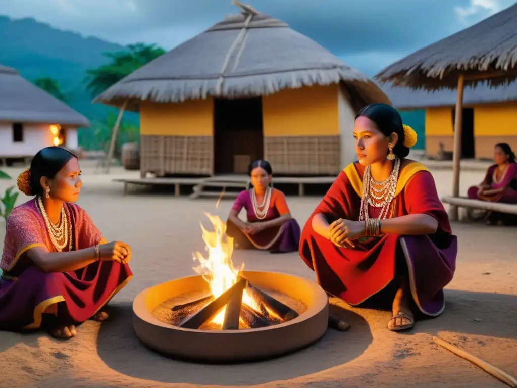 Mujeres mayas tejiendo textiles en la plaza del pueblo al anochecer, resaltando los Roles de la mujer maya