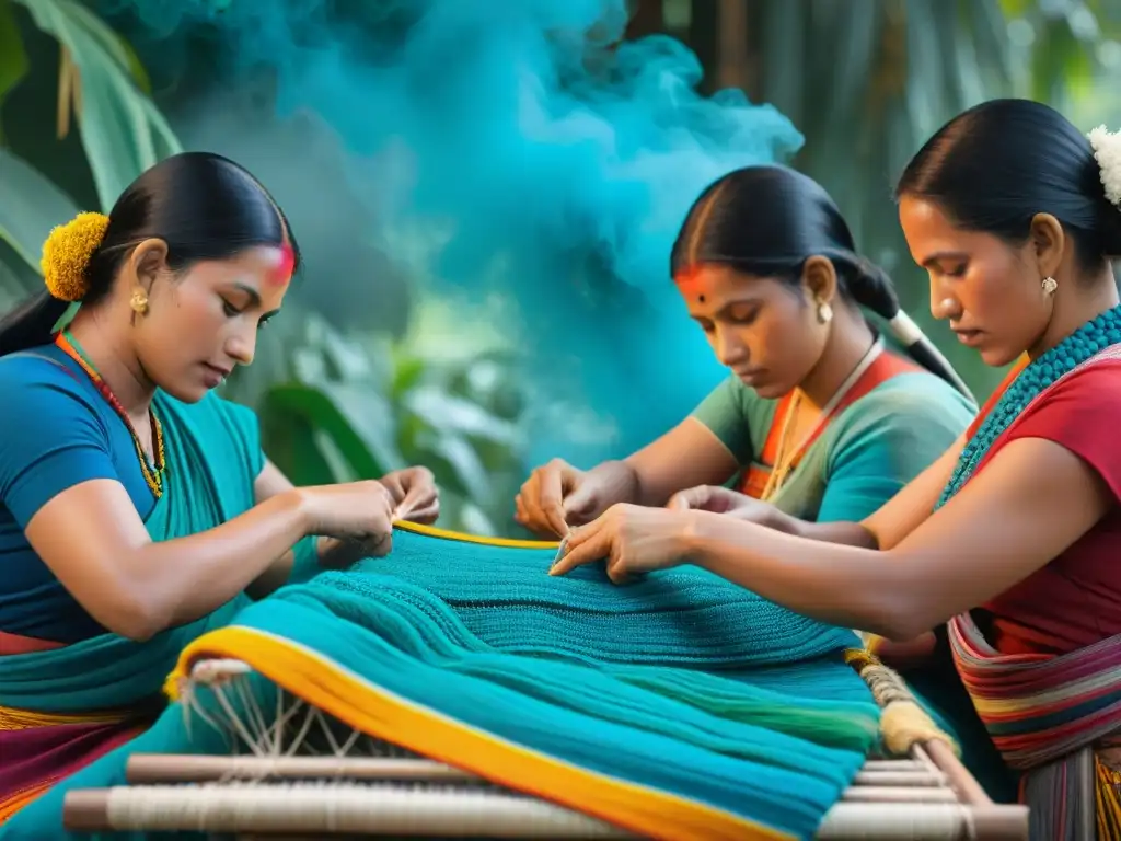 Mujeres mayas tejiendo textiles con prácticas sustentables rodeadas de tintes naturales vibrantes