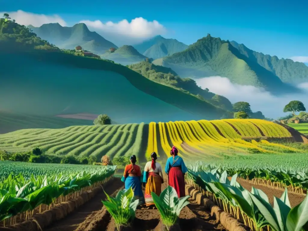 Mujeres mayas cuidando la tierra con técnicas agrícolas en un campo de maíz verde