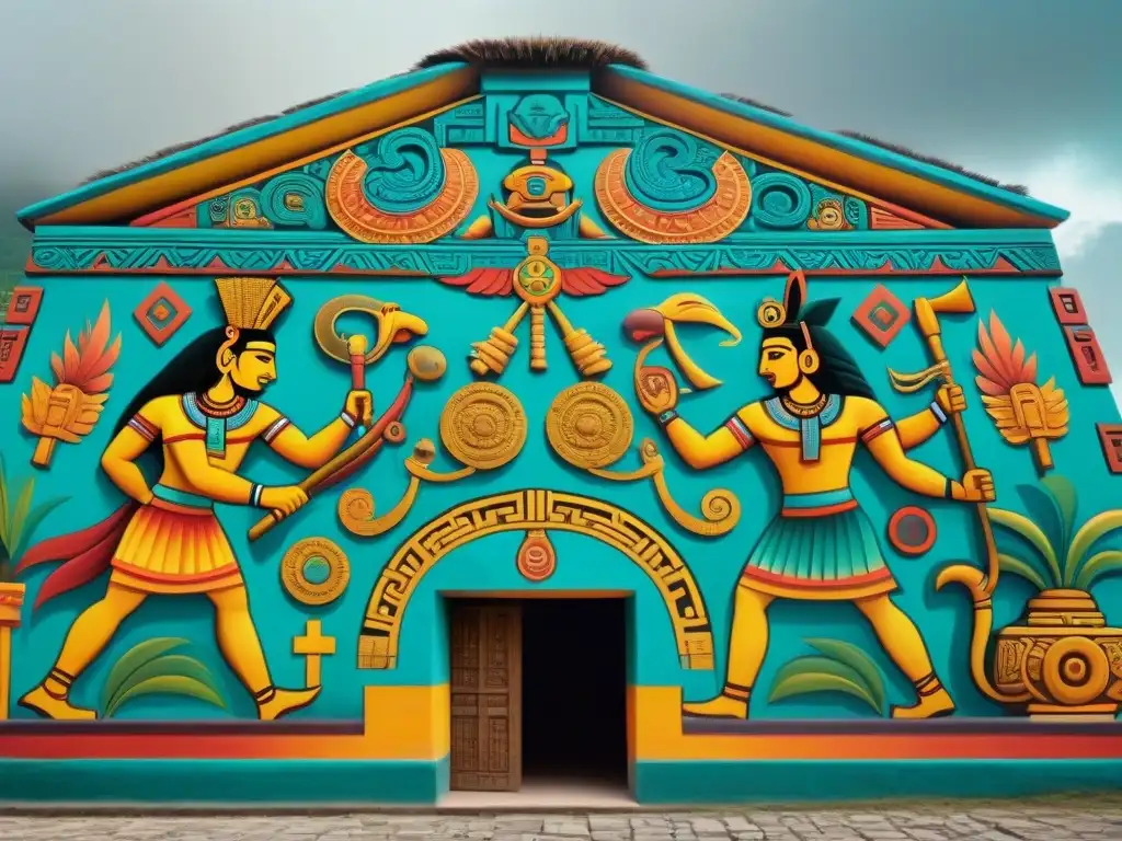 Mural detallado y colorido del Popol Vuh maya en un templo, capturando la esencia de la civilización maya