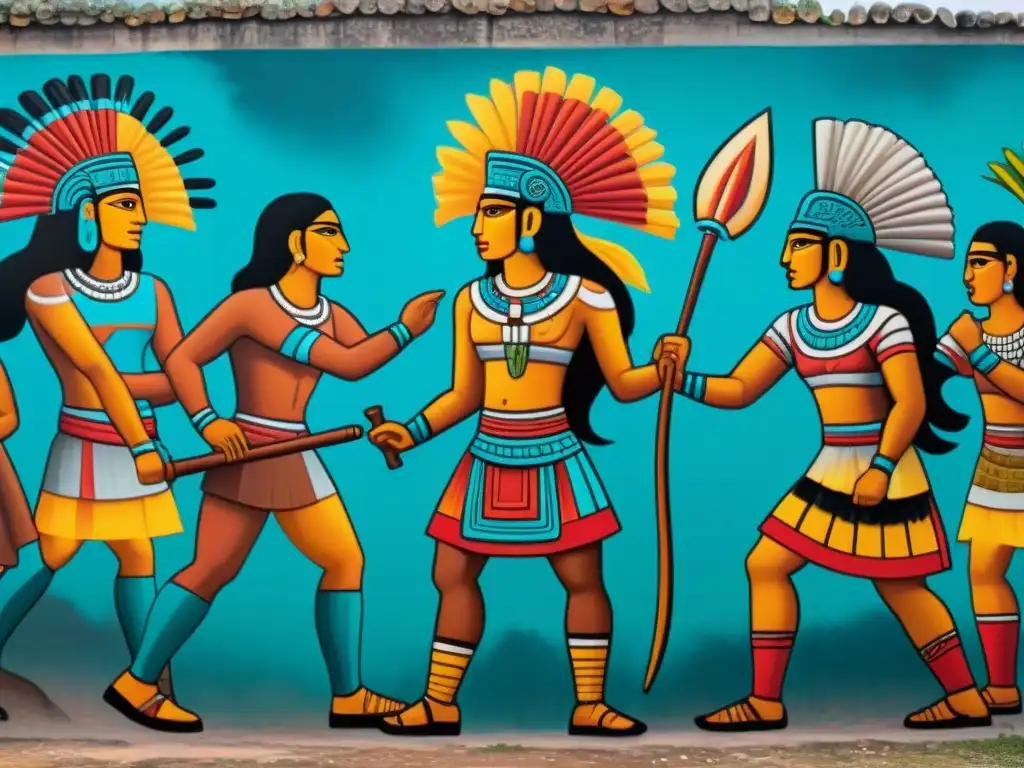 Mural detallado en comunidad maya moderna con conflictos ancestrales y su impacto en la sociedad