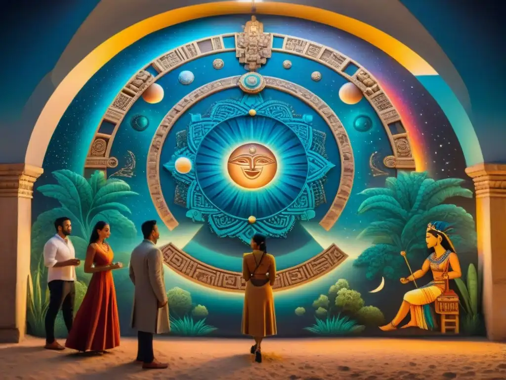 Un mural detallado de la cosmología maya en la vida cotidiana, con colores vibrantes y patrones intrincados que ilustran su conexión con el cosmos