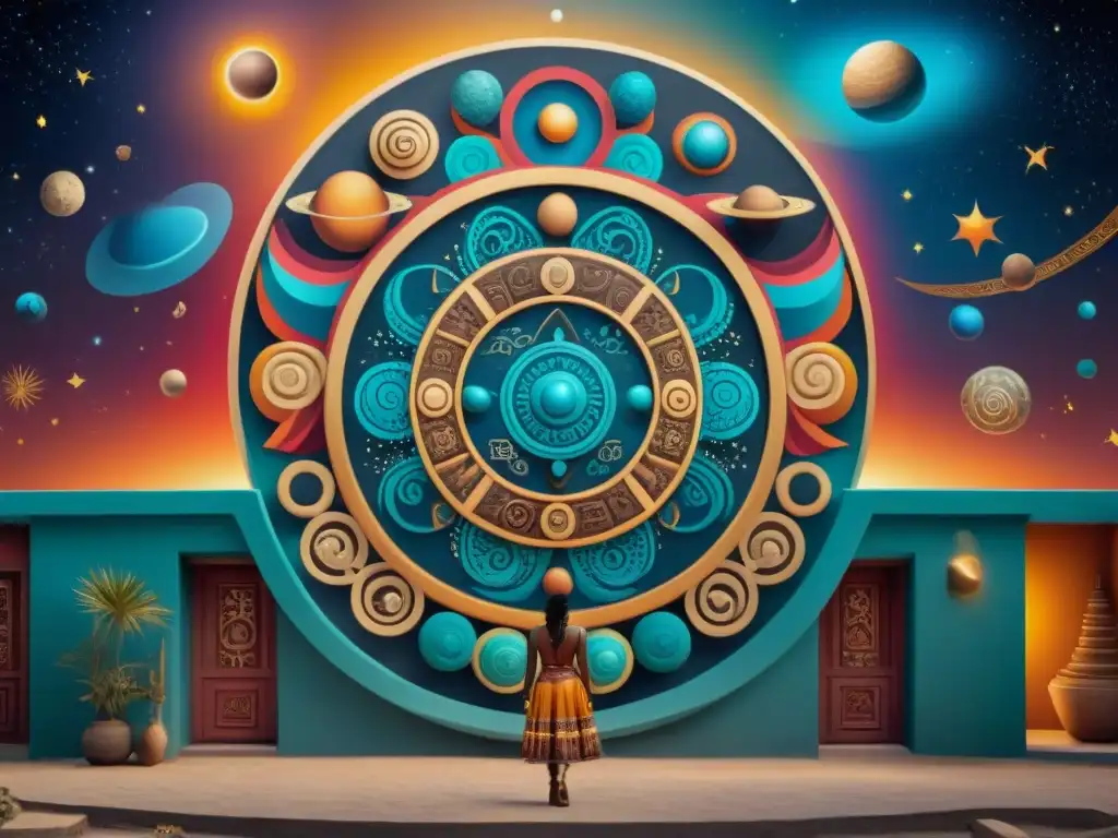 Mural detallado de la cosmología Maya, con colores vibrantes y símbolos planetarios