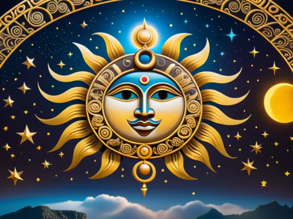 Un mural detallado de la danza celeste del Sol y la Luna en la cosmología Maya, con la importancia mitológica Sol Luna Maya