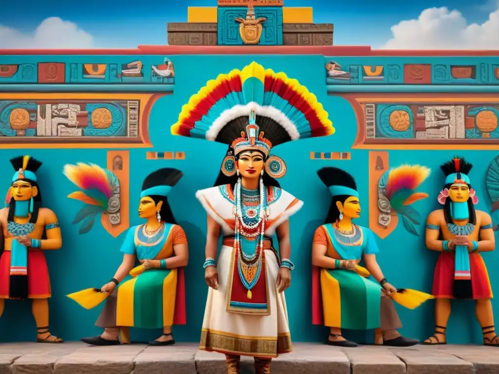 Mural maya de diplomacia y cultura ancestral Mural detallado de diplomáticos mayas en intercambio cultural en mercado con arquitectura y jeroglíficos mayas