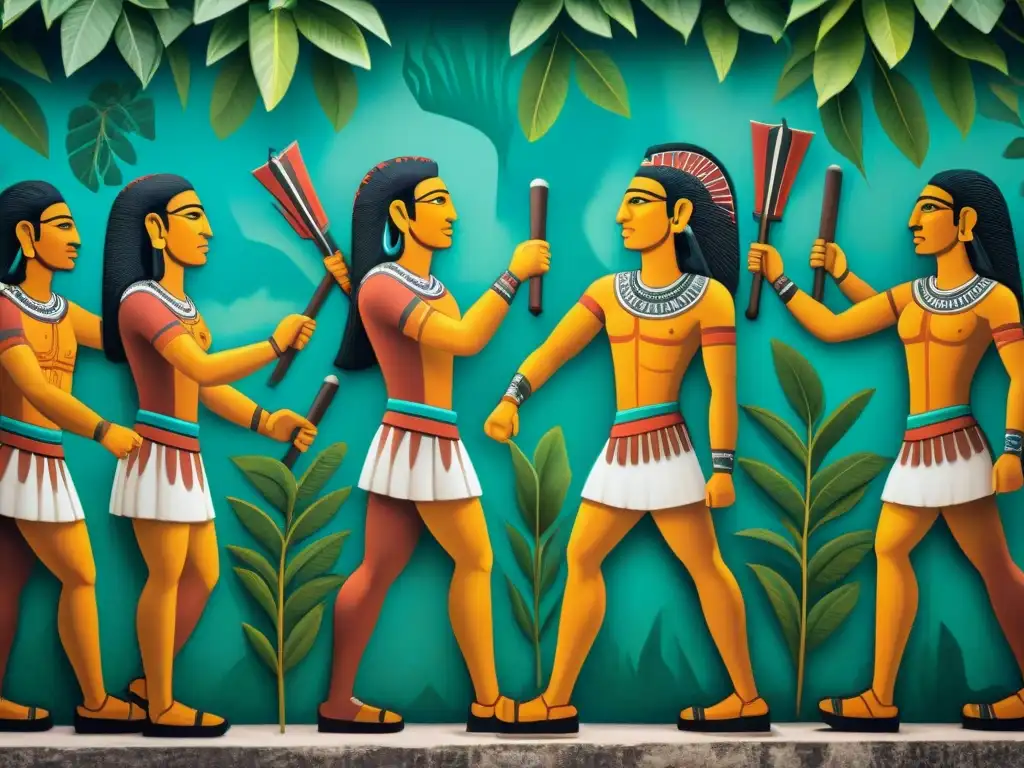 Mural detallado de guerreros mayas en entrenamiento físico y mental bajo la guía de un anciano sabio en sitio arqueológico
