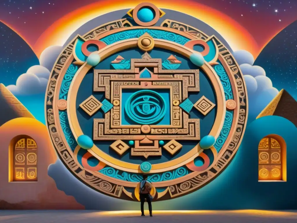 Un mural detallado de la cosmovisión maya espacio tiempo, con colores vibrantes y símbolos mayas en un cielo estrellado