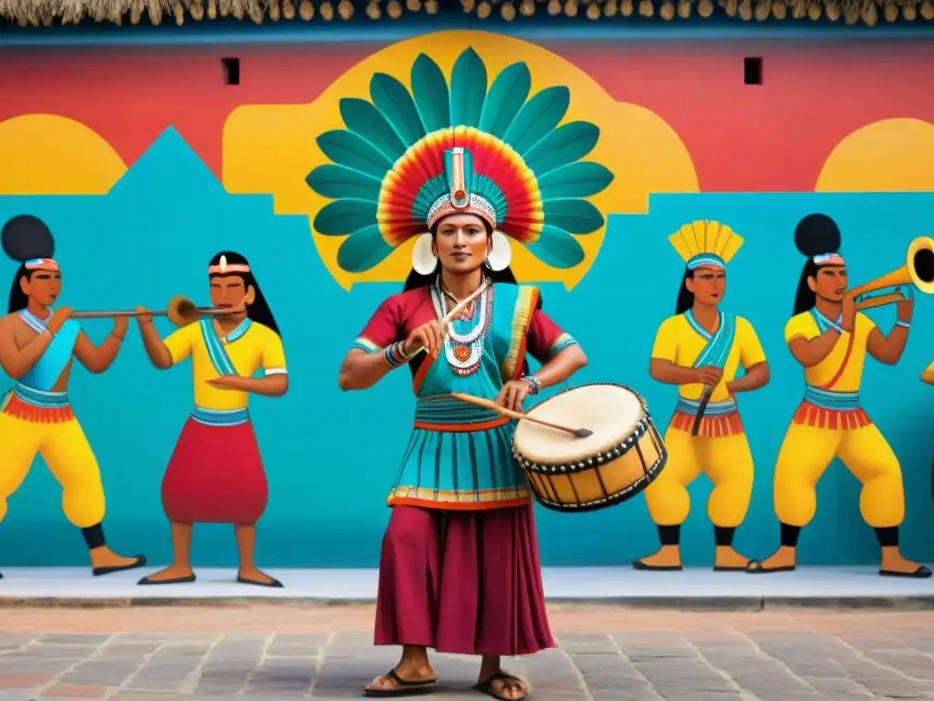 Un mural detallado de músicos mayas tocando instrumentos antiguos en una plaza vibrante, reflejando la música maya en cultura contemporánea