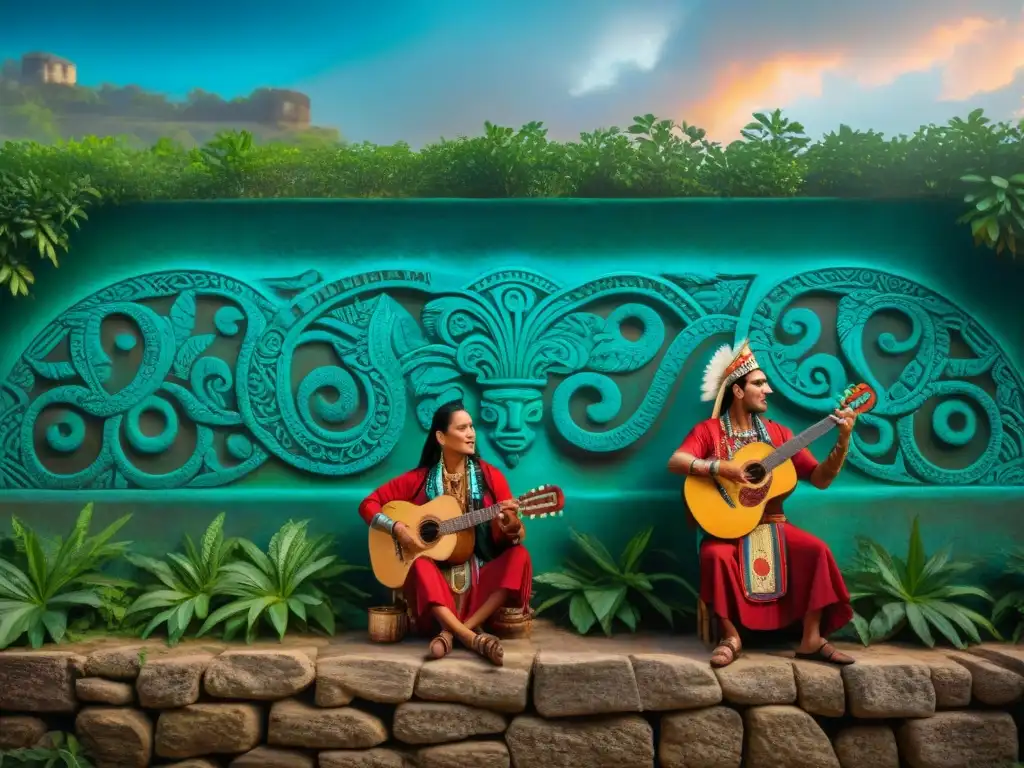 Mural detallado de músicos mayas en la noche estrellada, reflejando la influencia música maya contemporánea