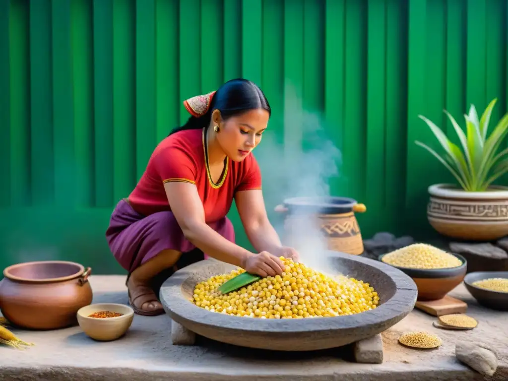 Mural detallado de la preparación de alimentos tradicionales mayas en la jungla: mujeres moliendo maíz y cocinando platos sobre fogatas